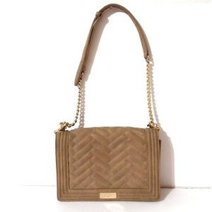 BCBG Paris Quilted Bag Beige Suede Shoulder Bag Purse Gold Chain Strap